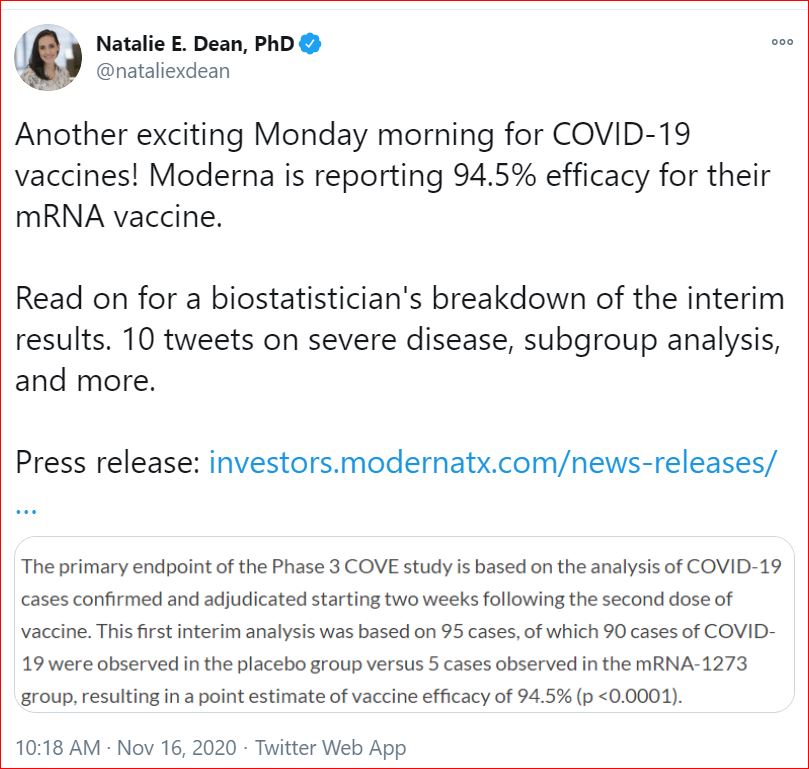 TweetOfBiostatiticianOnModernaVaccine 2020 11 16