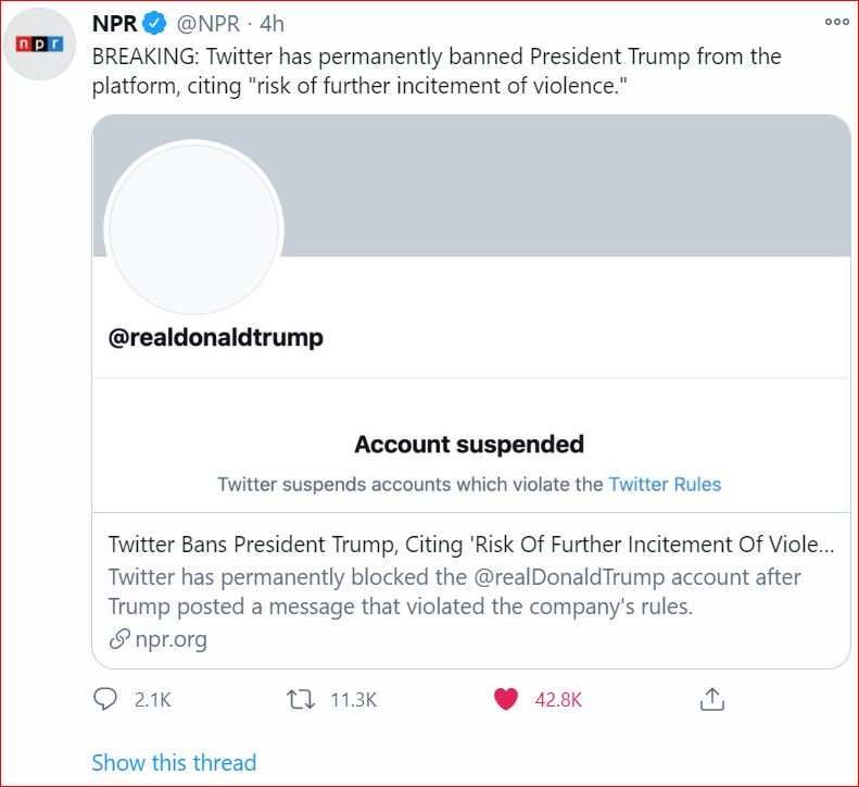 TweetOfTrumpBan 2021 01 08 NPR